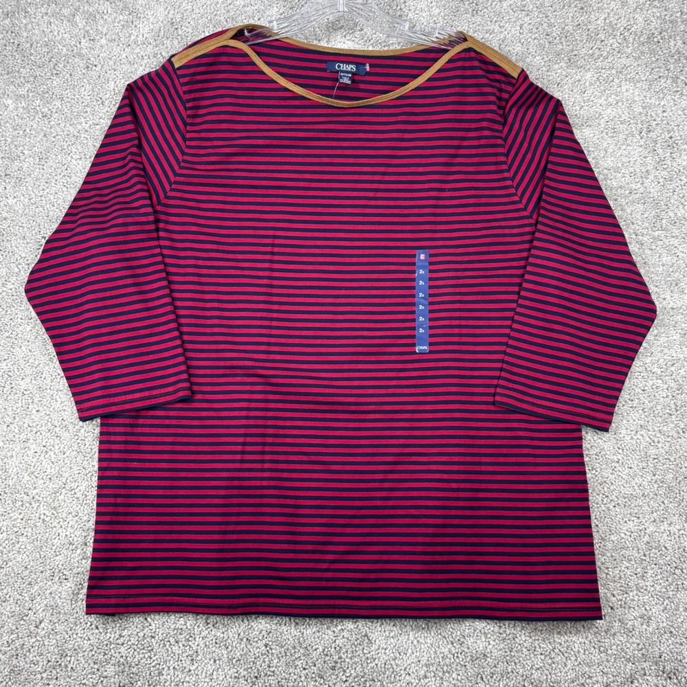Chaps Womens 2X Red Navy Blue Striped Boat Neck 3/4 Sleeve Top Faux Suede Trim
